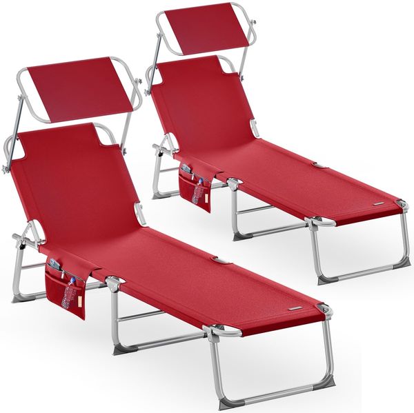 CASARIA® 2er Set Alu Sonnenliege mit Dach Klappbar Wetterfest Gartenliege Rot