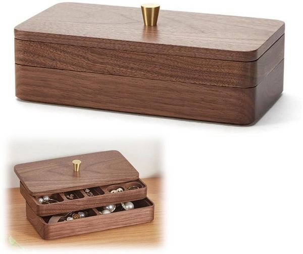 BlingBin Aufbewahrungsbox 2 Ebenen Schmuckaufbewahrung mit Deckel, Holz Schmuckkästchen (1er Set, 1 St, 19 x 10 x 7,5 cm), Doppellagig Massivholz Box für Halsketten, Uhren, Ringe, Ohrringe