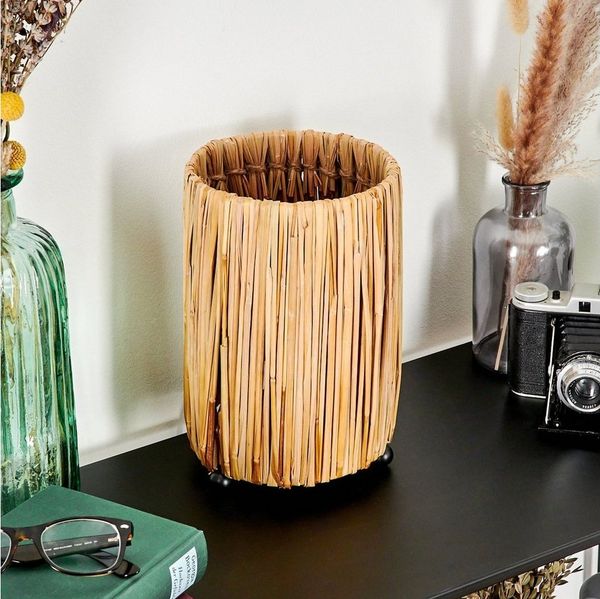 hofstein Tischleuchte moderne Boho Tischlampe aus Metall/Rattan in Schwarz/Natur, ohne Leuchtmittel, Nachttischlampe An-/Ausschalter, Lichteffekt, 1xE27, ohne Leuchtmittel