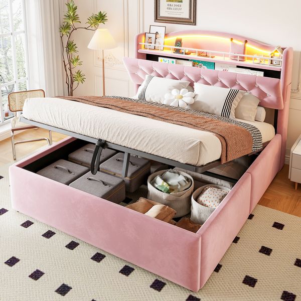 Merax Polsterbett 140 x 200 cm, Doppelbett mit hydraulischem Stauraum, Samtbezug, LED-Kopfteilbeleuchtung, USB- und USB-C-Ladeanschlüssen, Stauraum im Kopfteil und Metallbettplatte, Rosa