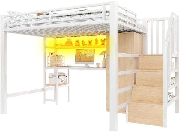 Metall-Hochbett 140x200 mit Schreibtisch, Regal, Kleiderschrank und Stauraumtreppe, Weiß