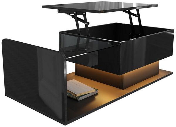 Merax Couchtisch hochglanz Sofatisch höhenverstellbar Beistelltisch mit LED-Beleuchtung (1-St, 100 L x 50 B x 33/47,5 H cm), Wohnzimmertisch mit Glasplatte & verstecktem Stauraum