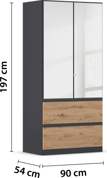 rauch Kleiderschrank, Drehtürenschrank COSTA, 2-türig, 2 Spiegeltüren, 2 Schubkästen, Grau metallic, 91 x 197 x 54 cm Bild 4