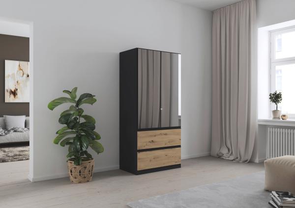 rauch Kleiderschrank, Drehtürenschrank COSTA, 2-türig, 2 Spiegeltüren, 2 Schubkästen, Grau metallic, 91 x 197 x 54 cm Bild 1