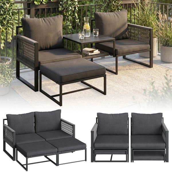 STEELSØN 'Tyranis' Metall Sitzgruppe, 4-teilig, schwarz, mit Tisch und Hocker, wetterfest, Gartenlounge für 2-4 Personen