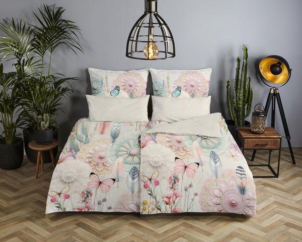hip Wendebettwäsche Maysa, Mako-Satin, Renforcé, Satin, 3 teilig, Satin, Reißverschluss, Wendeoptik, Mandala, Blume, Boho, Cremeweiß