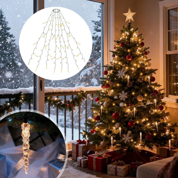 Salcar LED-Lichterkette Eiszapfen LED Lichterkette Weihnachtsbaum mit Warm+Kaltweiß funkelnden, 11 Modi/ 1,5m 8 Girlanden für 60cm - 150cm Tannenbaum