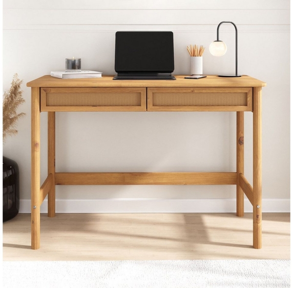 IDIMEX Schreibtisch RODRIGO, Tisch 110 cm breit aus Massivholz 2 Schubladen in Rattan Optik Kastani