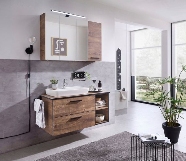 Saphir Badmöbel-Set Quickset 374 3-teilig, Keramik-Aufsatzbecken mit LED-Spiegelschrank, (12-St), Hängeschrank, 4 Türen, 2 Schubladen, inkl. Türdämpfer, Bad-Set