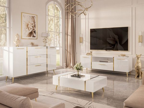 ALLHOUSE24 Wohnzimmer-Set DIAMANT Weiß Hochglanz GOLD Metallfüßen Wohnzimmer Möbel SET, (3-St), Das Set besteht aus: Kommode, TV Schrank, Couchtisch
