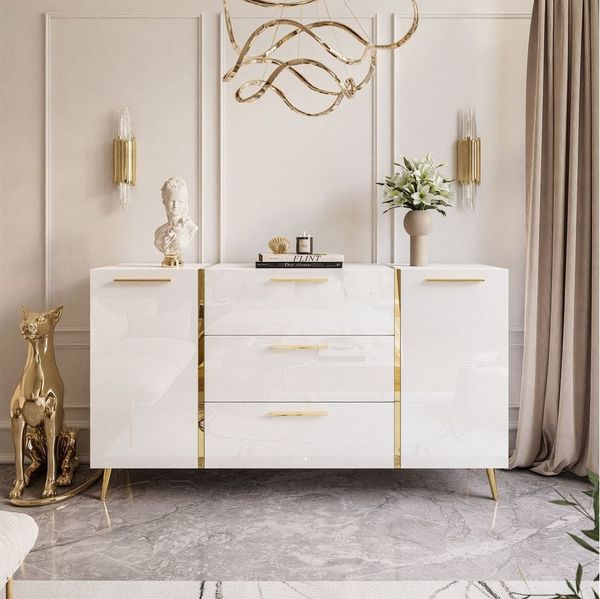 ALLHOUSE24 Wohnzimmer-Set DIAMANT Weiß Hochglanz GOLD Metallfüßen Wohnzimmer Möbel SET, Das Set besteht aus: Kommode, TV Schrank, Couchtisch