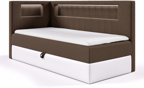 MEBLINI Kinderbett mit Bettkasten GARETH 3 90x200 Links – H3/Braun Samt Gepolstert Einzelbett mit Matratze - Polsterbett mit Stauraum - Bett mit Kopfteil – Stauraumbett