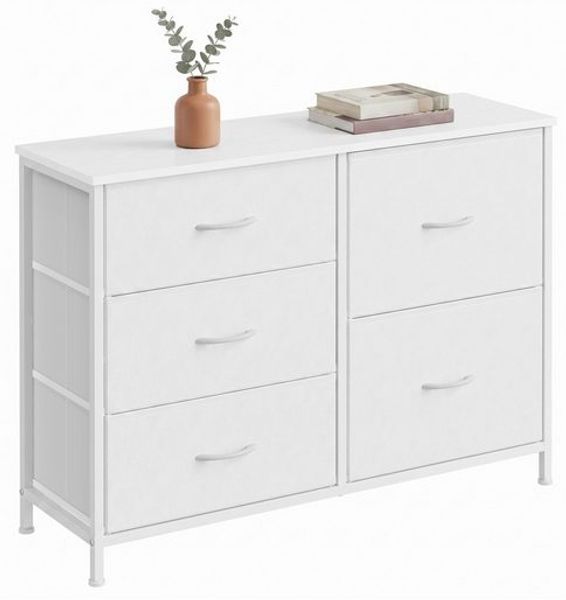 SONGMICS Kommode mit 5 Schubladen, Schubladenschrank mit Metallgestell, 98,7 x 30 x 74,7 cm, Weiß
