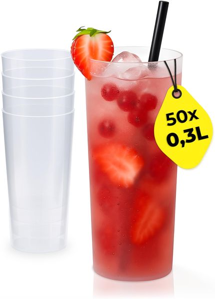 Silverkitchen 50x Longdrink Plastikbecher 0,3 L – Stapelbare Mehrweg Partybecher - Spülmaschinenfeste Hartplastik Becher für Events, Partys & Gastro