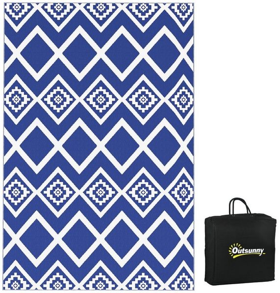 Outsunny Outdoorteppich Kunststoffteppich mit Tragetasche, Wasserabweisender Balkonteppich, Rechteckig, Höhe: 0.3 mm, für Camping, Terrasse, Blau+Weiß, 182x274 cm