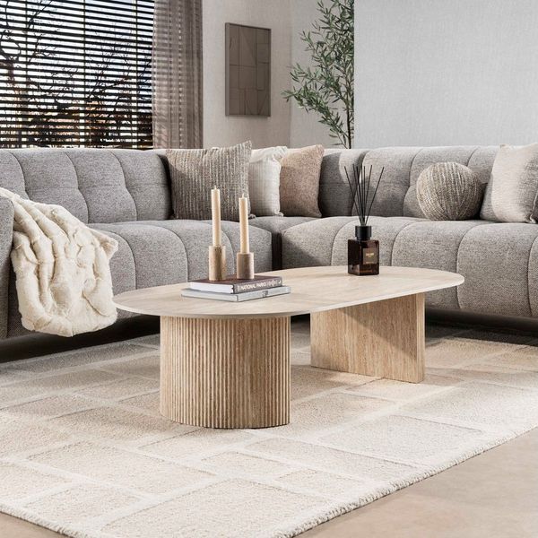 LEVEN Lifestyle Couchtisch Sofatisch FLORENZO Eleganz in Travertin-Optik1 35 cm oval, hochwertige Keramik-Tischplatte im Travertin Look