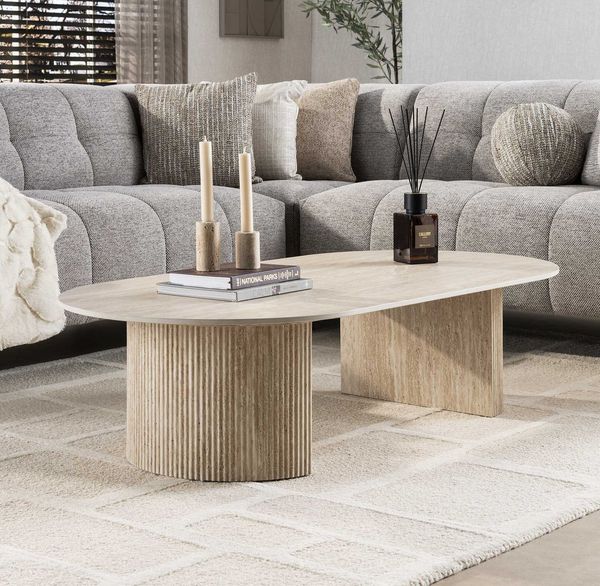 LEVEN Lifestyle Couchtisch Sofatisch FLORENZO Eleganz in Travertin-Optik 135 cm oval, hochwertige Keramik-Tischplatte im Travertin Look