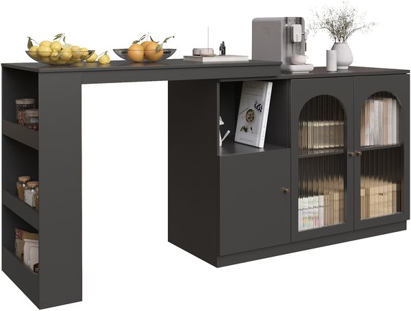 Esstisch H 103 x T 40 x B 180 cm, 360° drehbar, MDF schwarz mit Glasfront