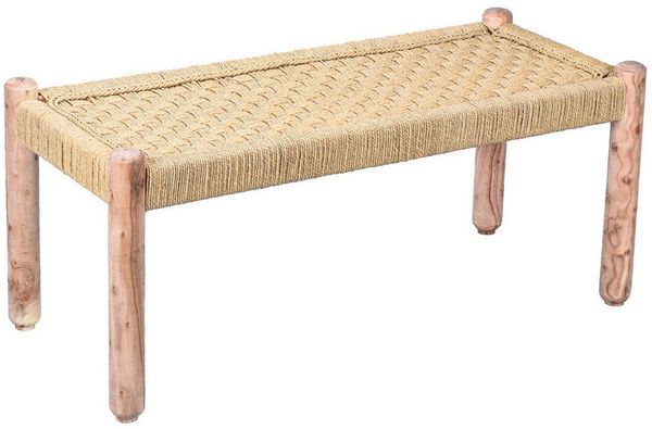 Marrakesch Orient & Mediterran Interior Gartenbank Boho Sitzbank Josue modern aus Akazienholz und Jute in Hellbraun 90 cm (1-St), Handarbeit