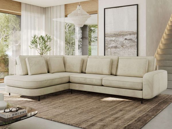 CALENO L-Form Ecksofa 317x225 cm, Massivholz-Rahmen & Wellenfedern, Sitzhöhe 51 cm, modernes Polstersofa rückenecht bezogen & freistehend - Beige Velvet - Links Seite