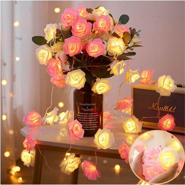 MUPOO LED-Lichterkette LED Nachtlicht 3M 20LEDs Girlande,Kunstblume Rose Warmweiß,Batterie, für Party Weihnachten,Blumengirlande Rose,LED Dekolicht