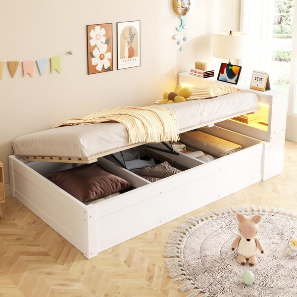 Schlafsofa 90 × 200 cm, Ausgestattet Mit Einer Euro-Steckdose Und Mehreren Staufächern, Mit Mehrfarbigen LED-Lichtleisten, Hydraulischem Bettmechanismus, Multifunktionalem Massivholzbett, Weiß.