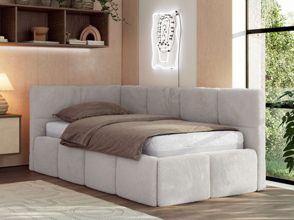 Jugendbett 90x200 ARVO Polsterbett mit Bettkasten, Stauraum & Gasdruckfeder, Modernes Design mit Kopfteil, Pocket Matratze - Hellgrau Plüsch - VIRE LUX - Links Seite