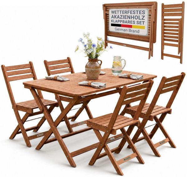 JUSKYS® Gartenmöbel Set Rimini - Natur, Akazie Holz, inkl. 4er Set Stühle & Tisch, Stabil, langlebig