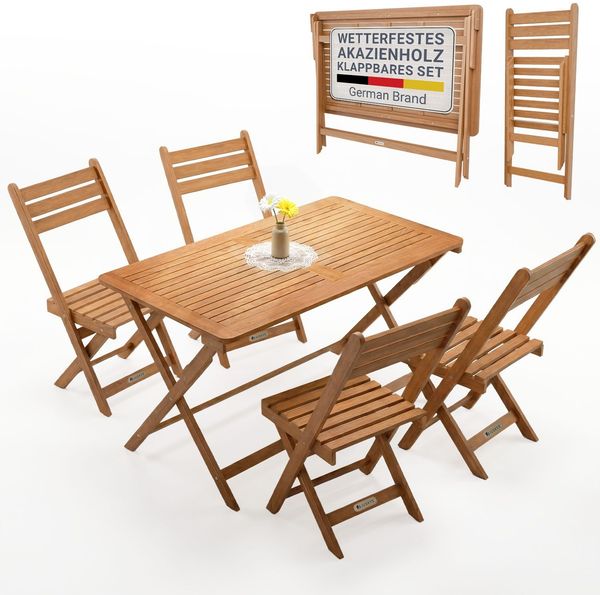 JUSKYS® Gartenmöbel Set Rimini - Natur, Akazie Holz, inkl. 4er Set Stühle & Tisch, Stabil, langlebig