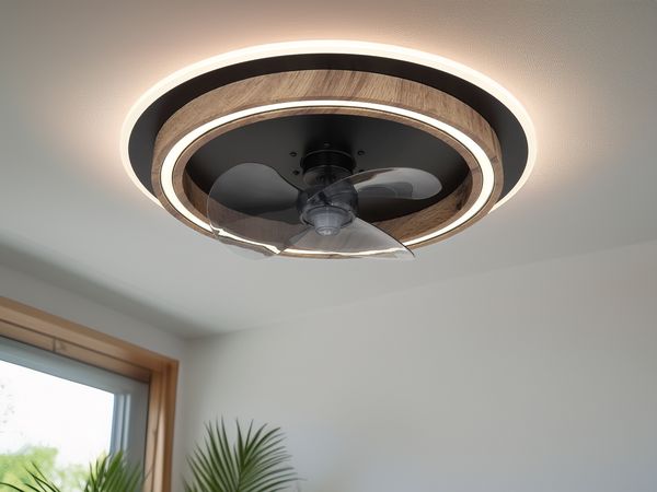 LED Deckenleuchte BOZAN rund mit Ventilator & Fernbedienung Holzoptik, Ø 50cm