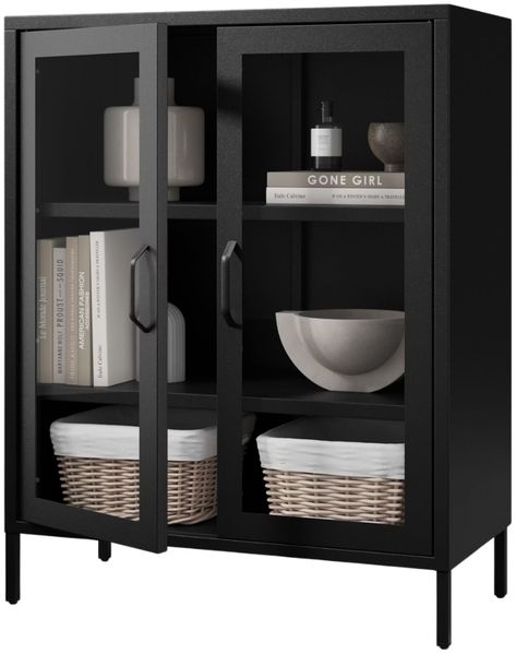 Vitrinenschrank Wohnzimmer klein GINA - 3 Ebenen, Metall | Glasvitrine Bücherschrank Büroschrank Aktenschrank mit Glasfenster Metallschrank, 101,5x80x40cm Schwarz