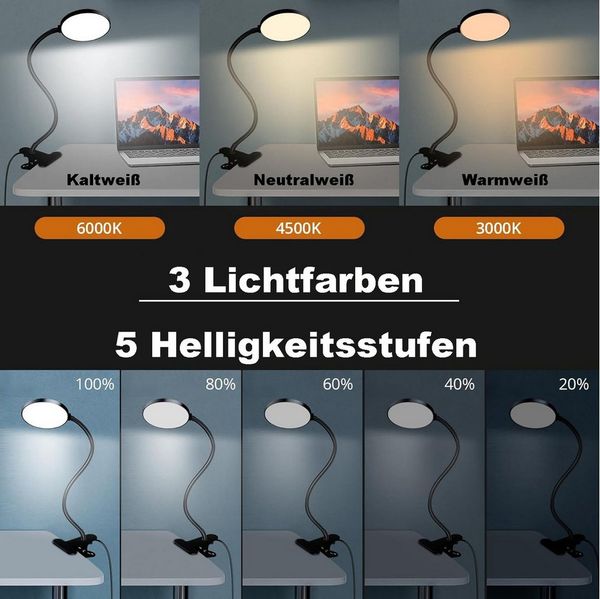 Rosnek LED Leselampe LED Klemmleuchte Dimmbar 3 Lichtfarben, Schreibtischlampe Flexibel 5W, Leselampe Timer Φ12cm USB Stecker für Arbeitszimmer Schlafzimmer Büro