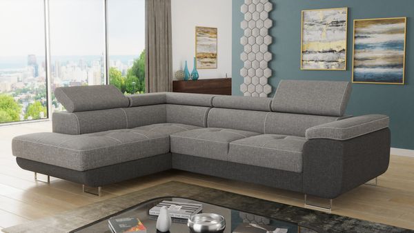 Ecksofa Caris mit Schlaffunktion, Bettkasten und einstellbare Kopfstützen (Dunkelgrau + Grau (Sawana 05 + Sawana 21), Ecksofa Links)