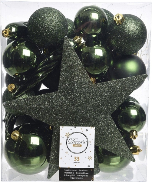 Decoris Weihnachtskugeln mit Christbaumspitze Stern, 33er Set, bruchsicher, piniengrün