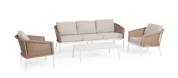 Garten-Set Oceana aus Aluminium und Olefin, modern skandinavisch, weiß sandfarben, inkl. Kissen