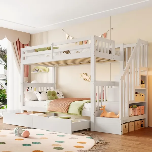 Etagenbett mit 2 Liegeflächen, Lattenrost, Stauraum und Rausfallschutz, 90x200 cm, Kinderbett