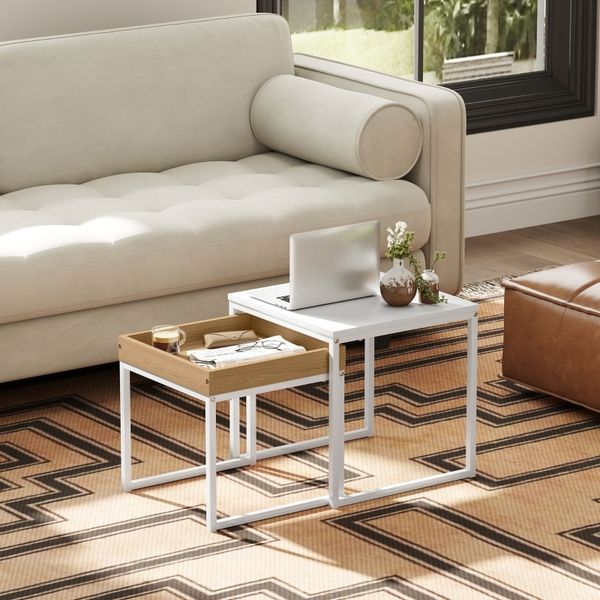 Couchtisch Set 2-Teilig Mit Abnehmbarem Tablett - Kaffeetisch Beistelltisch Modern Weiß/Eichenoptik