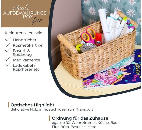 HMF Aufbewahrungskorb Aufbewahrungskorb mit Holzgriffen, Badezimmer Korb (1 St), aus Wasserhyazinthe Seegras handgefertigter Flechtkorb 30 x 15 x 13 cm Bild 3