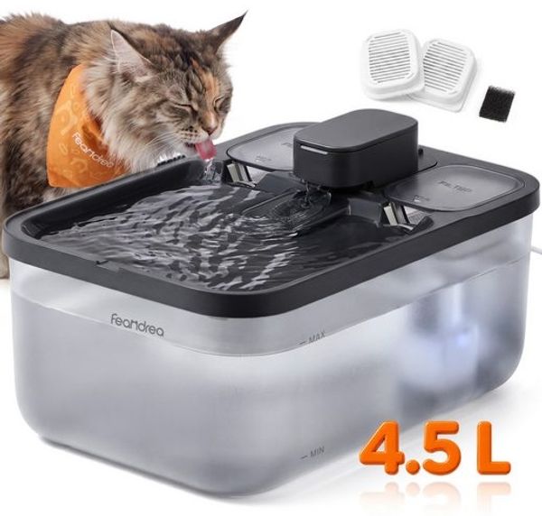 Feandrea Katzenbrunnen, 4,5 L Trinkbrunnen für Katzen, Leiser Wasserspender mit 3 Filtern und Trockenlaufschutz, 28,7 x 19,3 x 17,3 cm, Schwarz, für Mehrere Haustiere, Boxal Kollektion PWF001B101
