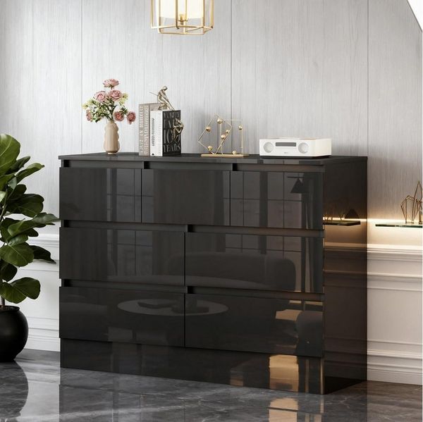 LuxusKollektion Kommode Kommode Hochglanz 6 8 Schubladen Sideboard Stauraum Black 7 Drawer