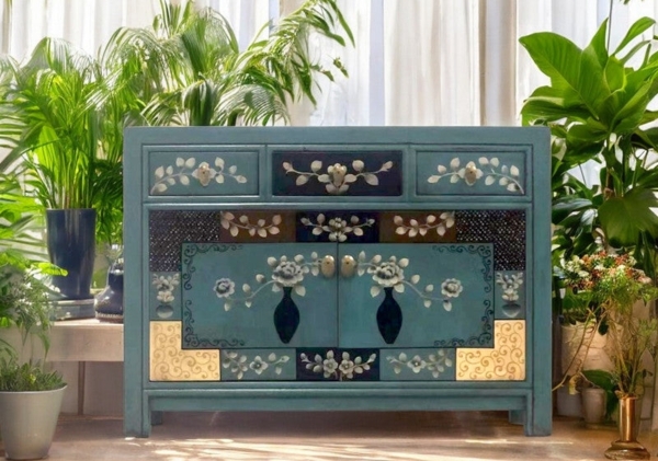Vintage Kommode Blau Beige verziert chinesisch Schrank Sideboard Kolonial-Stil Antik-Stil Lowboard asiatisch orientalisch Fernost shabby-chic Landhaus