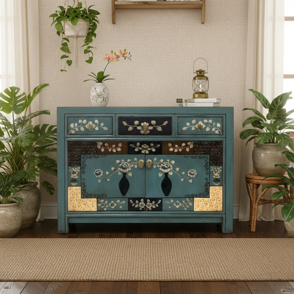 Vintage Kommode Blau Beige verziert chinesisch Schrank Sideboard Kolonial-Stil Antik-Stil Lowboard asiatisch orientalisch Fernost shabby-chic Landhaus