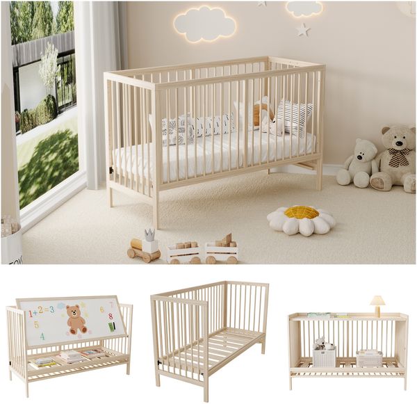 Merax Holz-Babybett, 124cm Multifunktions-Babybett, umwandelbar in Beistellbett, Staffelei & Schreibtisch, mehrstufig höhenverstellbar, aus Kiefernholz, Naturholzfarbe, ohne Matratze