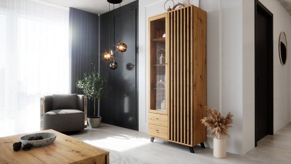 Newroom Vitrine Barea Wandpaneel Wildeiche Anthrazit Modern Vitrinenschrank Glasvitrine