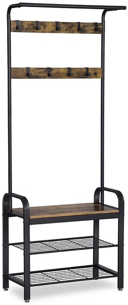 Vasagle Kleiderständer Garderobenständer rustikal mit 9 Abnehmbaren Haken Schuhregal mit Sitzfläche 3 Ablagen Holz Metall 72 x 183 x 33.7 cm Vintage von Songmics HSR40B