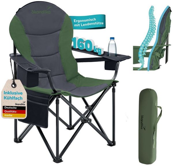 Skandika Campingstuhl Relax Comfort, Klappstuhl, Faltsessel, Anglerstuhl, Gartenstuhl (Max. Nutzergewicht 160 kg, Reißverschlussfach im Kopfteil, Tragetasche), Getränkehalter, Kühlfach, Seitentasche, Polsterfach, breite Sitzfläche