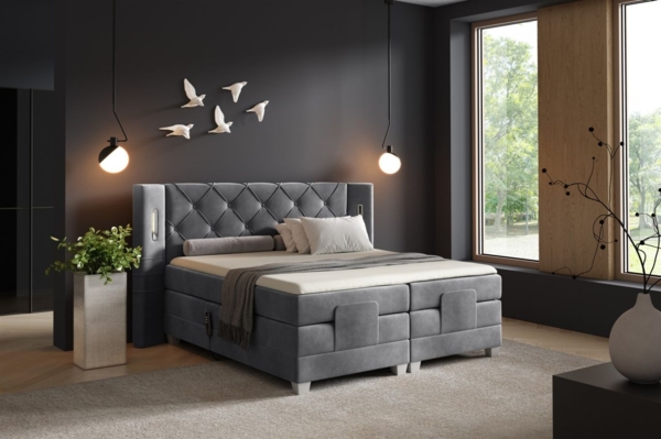 Boxspringbett Elektrisch Bett STEVE 200x200cm in Stoff Fresh Dunkelgrau