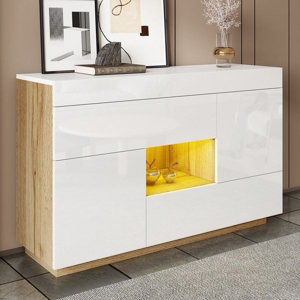 Merax Sideboard Hochglanz Anrichte mit LED-Beleuchtung & Musikmodus (2-Farb-Design in Weiß & Holzoptik, 1 St, 120x76,5x37cm), Schrank Kommode mit Schubladen, Türen & verdeckten Staufächern