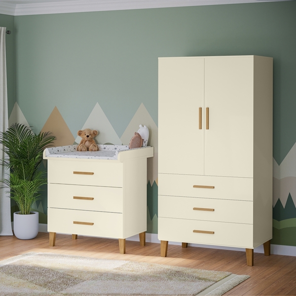 Bellabino 'Liri' Babyzimmer Set aus Wickelkommode und Kinderkleiderschrank, beige, Wickeltisch mit abnehmbarem Wickelaufsatz, Kleiderschrank für Kinderzimmer mit 3 Schubladen