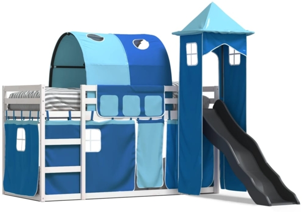 vidaXL Etagenbett mit Rutsche und Gardinen Blau 90x190 cm 3284183